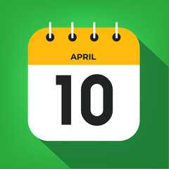 April day 10. Number ten on a white paper with yellow color border on a green background vector.