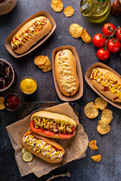 Variety Of Hot Dogs With Ketchup And Mustard