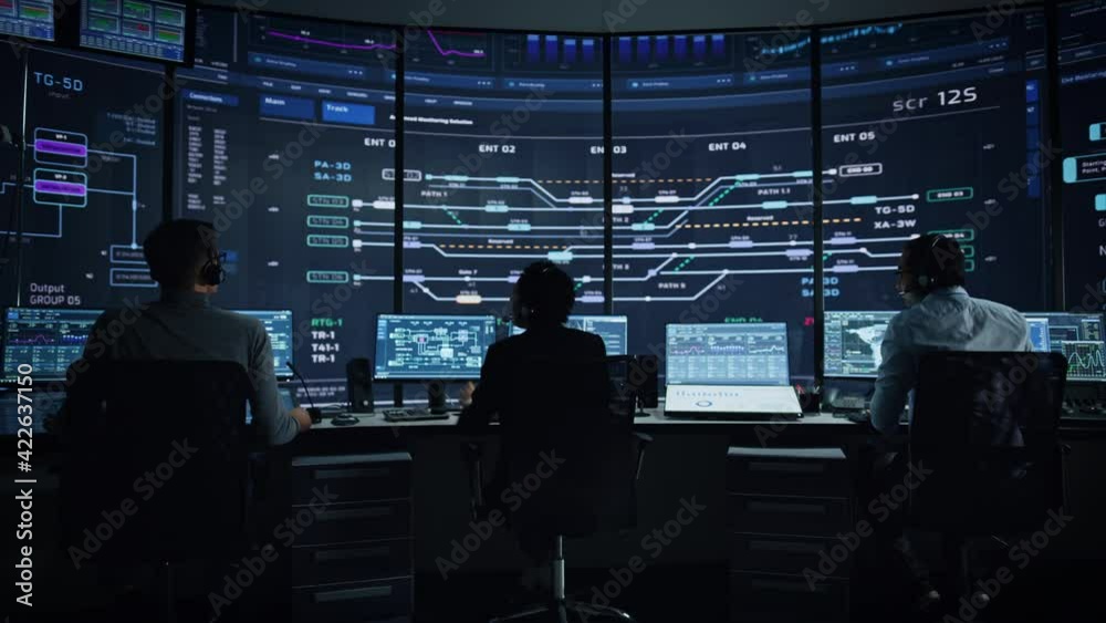 Poster Professional IT Technical Support Specialists and Software Programmer Working on Computers in Monitoring Control Room with Digital Screens with Server Data, Blockchain Network and Surveillance Maps. 