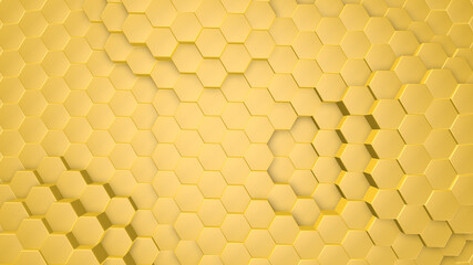 Abstract 3D background with hexagon, yellow modern technology background with extruding hexagons, 3d illustration
