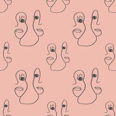 Seamless pattern, contour line, fantasy faces of a man and a woman, profile,
plain background.