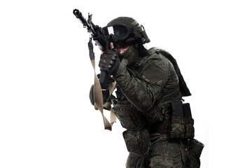 Male soldier in masking camo (green) suit. Shot in studio. Isolated on white background.