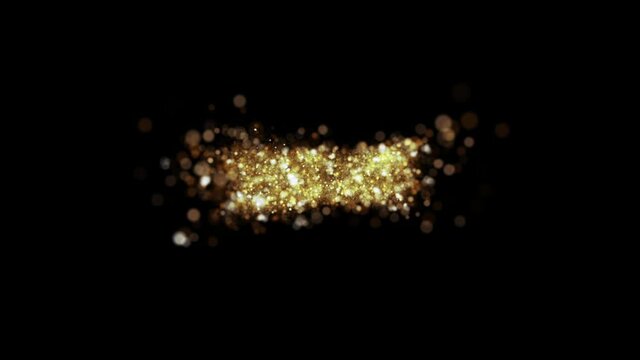 Gold glitter minus symbol fly into camera. Golden glitter alphabet symbol reveals on black background.