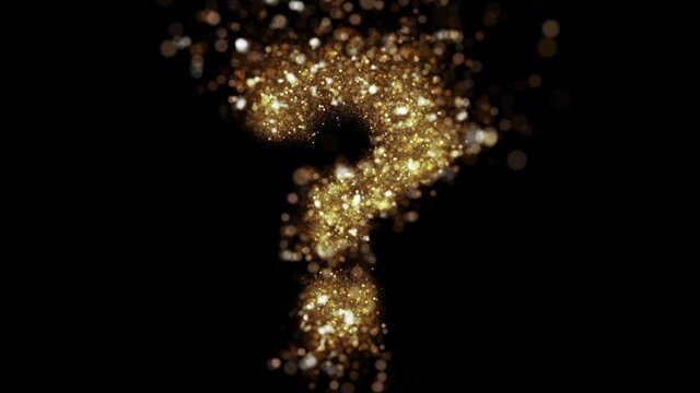Gold glitter question mark symbol fly into camera. Golden glitter alphabet symbol reveals on black background.