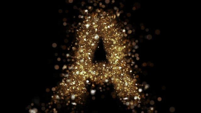 Gold glitter letter A fly into camera. Golden glitter alphabet symbol reveals on black background.