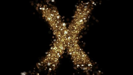 Gold glitter letter X fly into camera. Golden glitter alphabet symbol reveals on black background.