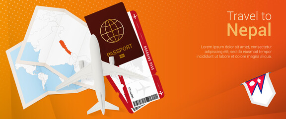 Travel to Nepal pop-under banner. Trip banner with passport, tickets, airplane, boarding pass, map and flag of Nepal.