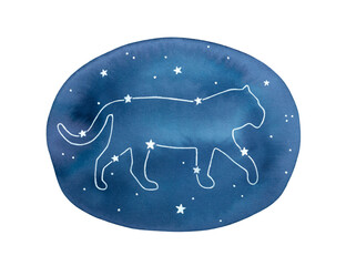 Water color illustration of starry sky and Tiger Constellation. Symbol of bravery, strength, success, royalty. Hand painted watercolour drawing, isolated clipart element for creative design decoration