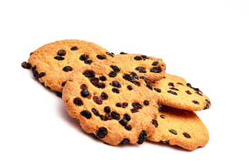 Mountain of big cookies with raisins on a white background