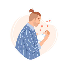 Father and his newborn sleeping son baby boy on heart shaped background. Happy Fathers day design element. Flat happy dad with cute infant. Parent man and child cartoon family vector line illustration