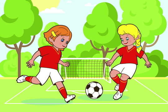 Teenage girls play soccer by kicking the ball on the soccer field. Vector illustration in cartoon style, isolated black and white line art