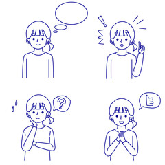 女性パターンイラストポニーテール線画セット