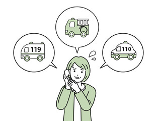 緊急の電話をかける　年配の女性　110番　119番　緊急車両　イラスト素材