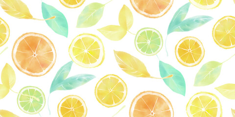 Seamless pattern of hand drawn watercolor citrus fruit and leaf set, endless illustration of lemon, lime and orange slices. Aquarelle sketch of summer food collection, isolated on white background