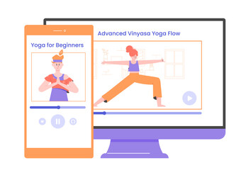 Yoga video application. Mobile and desktop version. Exercises for beginners and advanced. Sports and health care. Vector flat illustration.