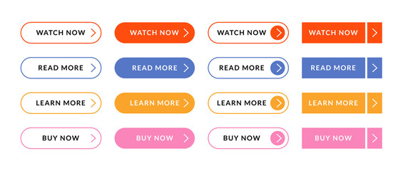 Web UI buttons set. Flat internet oval shapes, navigation graphic, colored pointers, read, learn more links, vector art