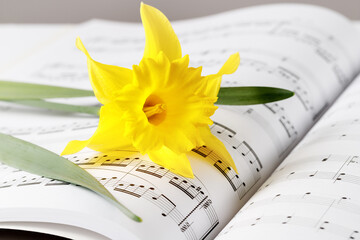 Single yellow daffodil flower lying on open music book. © BarTa