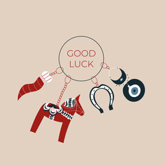 Good luck wish phrase with protection, luck and fortune charms or talismans as keychains. Fortune wish card. Fortune and success charms, lucky amulets. Horseshoe, dala horse, evil eye, cornicello
