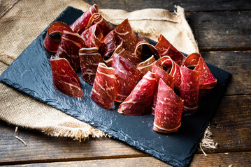 Typical dried spanish meat, cecina, spanish tapa