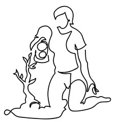 One line drawing of woman volunteer pouring water to a tree.
One continuous line drawing of woman watering tree.