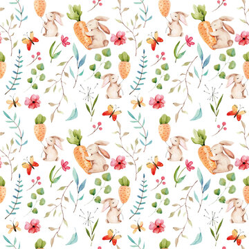 Watercolor spring botanical simple background with cute easter bunnies