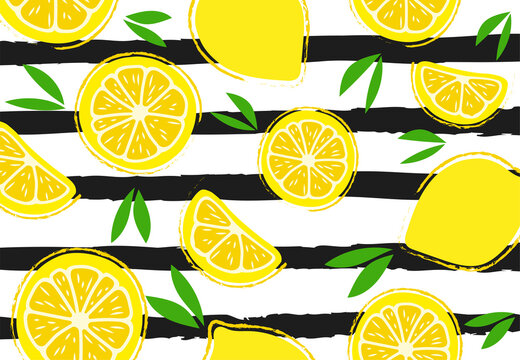 Fresh, tropical fruits, lemon with leaves. Fruit background for banners, printing on fabric, labels, printing on T-shirts. Children's drawing in a cartoon style on a striped black and white background