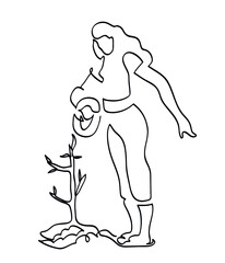 One line drawing of woman volunteer pouring water to a tree.
One continuous line drawing of woman watering tree.