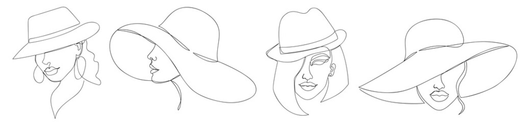 Modern one line art woman in a hat collection. © Oksana