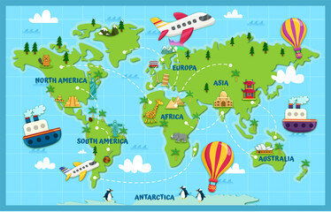 World map pointing out the continents and different specific characteristics of each one, inviting you to travel and get to know the world.