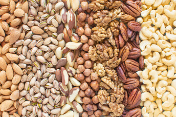 Assorted nuts banner background: hazelnuts walnuts, brazilian nuts, pecans, almonds, cashews. Flatlay organic mixed nuts banner. Useful health snack. Healthy food, useful microelements and vitamins.