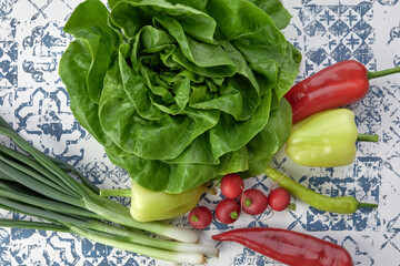 fresh seasonal vegetables on a wooden table - 422645718