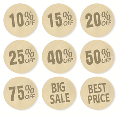Cardboard Discount sticker set. Sale Banner, Price tags, badges and big deals labels. Vector