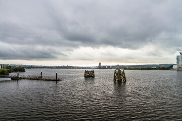 Evening at Cardiff Bay, with old mooring posts.