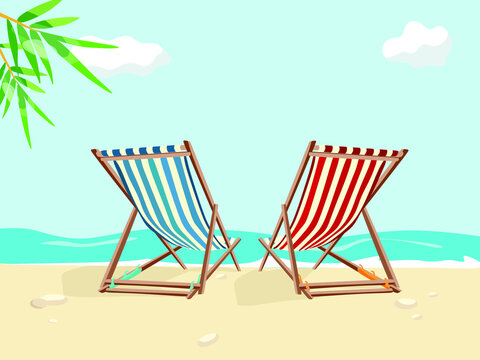 Sun beds on the beach by the sea. Cartoon colorful vector illustration