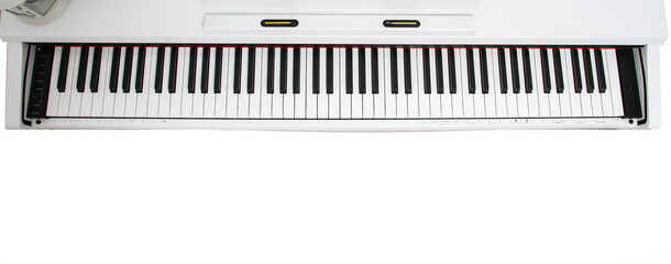 Top view of flat stylized monochrome piano keyboard on white background