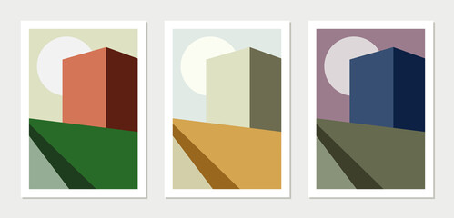 Set of abstract architectural art compositions in different bright colors. Minimal geometric shapes illustrations