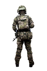 Male soldier in masking camo suit. Shot in studio. Isolated with clipping path on white background.