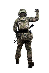 Male soldier in masking camo suit. Shot in studio. Isolated with clipping path on white background.