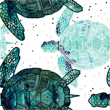 seamless pattern with sea turtles. Marine life. Doodling, mandala pattern. Drawing by hand. Stylish background.