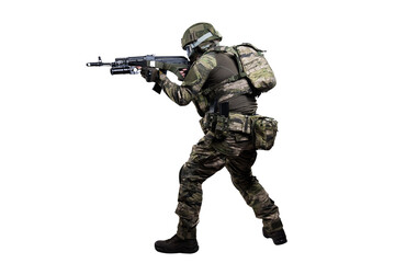 Male soldier in masking camo suit. Shot in studio. Isolated with clipping path on white background.