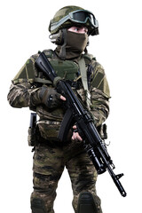 Male soldier in masking camo suit. Shot in studio. Isolated with clipping path on white background.