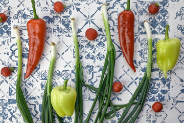 fresh seasonal vegetables on a wooden table - 422647327