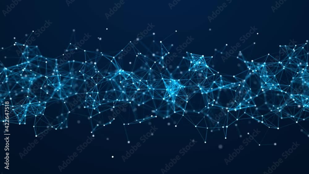 Fototapete Abstract network of moving glowing dots and lines. Network or digital connection. Technology background. 3d rendering. 4K. Seamless loop.