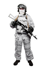 Male in soldier (snow camouflage) uniform with weapon. Shot in studio. Isolated with clipping path on white background