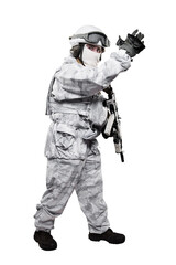 Male in soldier (snow camouflage) uniform with weapon. Shot in studio. Isolated with clipping path on white background