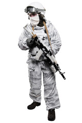 Fototapeta na wymiar Male in soldier (snow camouflage) uniform with weapon. Shot in studio. Isolated with clipping path on white background
