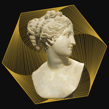 3D Rendering Of A Greek Goddess Statue Against Yellow Geometric Shapes On A Black Background