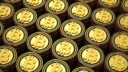 Gold  bitcoins stack on a black background. 3d rendering illustration