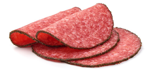 Pepper salami slices, isolated on white background