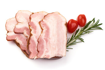 Smoked pork brisked, bacon slices, isolated on white background